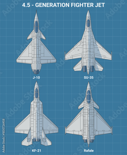 Set 4.5 generation fighter jet in blueprint style from top view. Vector illustrations rafale, kf21, j10, su35. Bundle military combat aircraft.