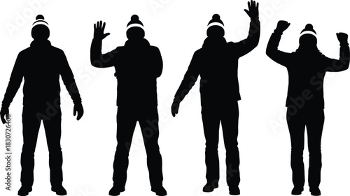 Winter Clothing People Silhouette Collection, Set of Four Vector Illustrations of Men Wearing Beanies and Scarves with Hands Raised, Cold Weather Outdoor Activity Icons.