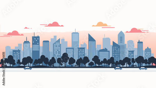 Flat design cityscape with skyscrapers, trees, and cars under a pinkish-orange sky