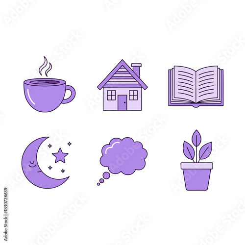Aesthetic pastel purple icons representing comfort, home, relaxation and intellectual pursuits