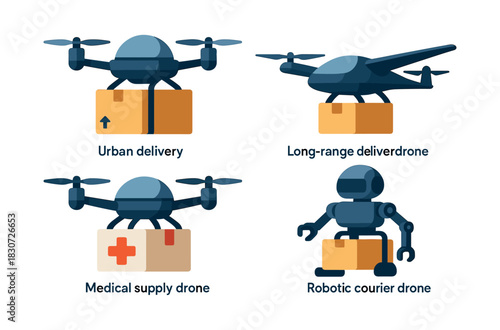 Drone delivery concepts, urban, medical, robotic, flat vector illustration