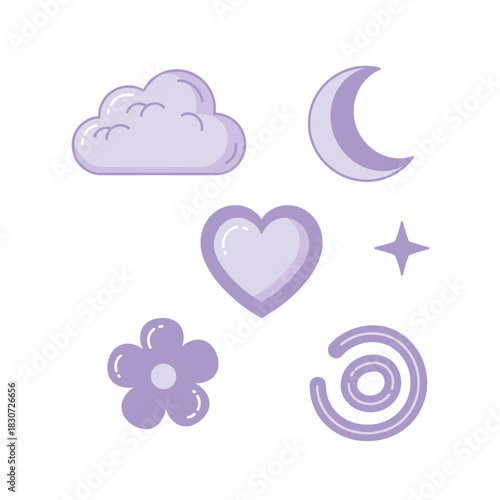 Pastel lilac dreamscape with celestial and floral elements in simple line art design