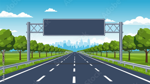 A long, straight highway stretches towards a distant city skyline under a partly cloudy blue sky, flanked by green trees and grassy fields