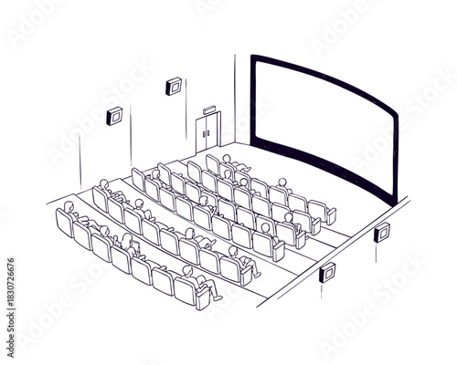 Isometric movie theater interior line art illustration