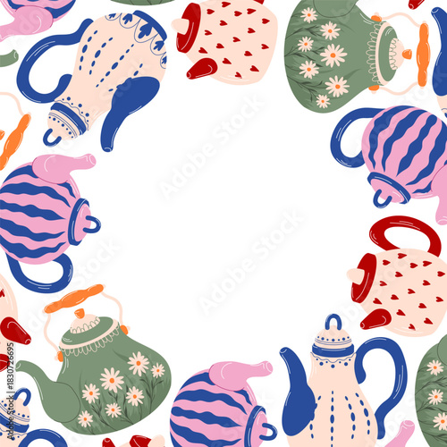 Wreath of colorful teapots with heart, stripe, floral and elegant pattern in flat style. Perfect for tea card menu or kitchen decoration isolated on a white background.
