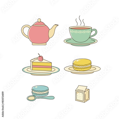 Delightful vector illustration showcasing a vintage tea time with treats and warm beverages