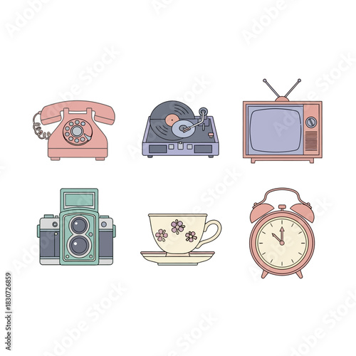 Nostalgic charm of vintage devices in a whimsical line art composition evoking retro vibes