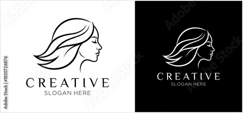 Elegant line art logo depicting a graceful woman's profile with flowing hair, presented in two monochrome versions.