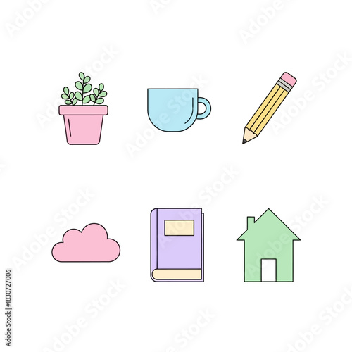 Minimalist study icons featuring plant pencil and book for creative workspace design