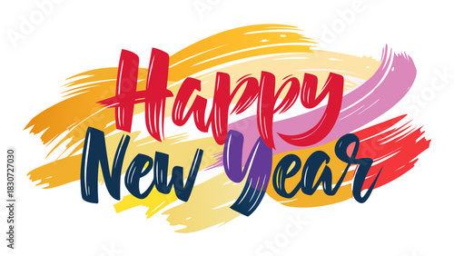 Happy new year colorful brush stroke lettering with vibrant paint splashes and white background