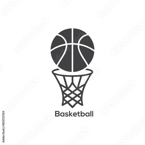 Minimal Basketball Icon with Ball Scoring Through Hoop, Simple Black Sports Symbol Isolated on White Background for Design Projects

