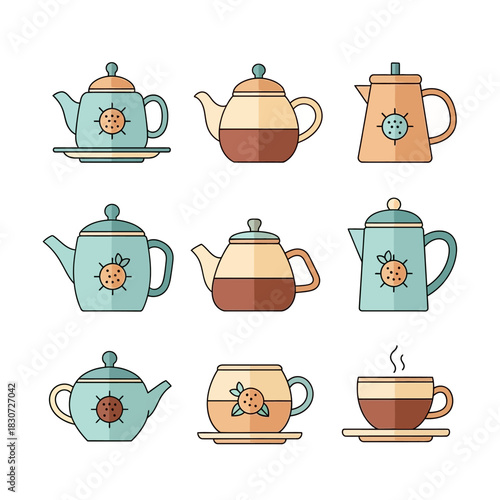 Assorted Teapot Collection with Cute Citrus Designs in Pastel Tones Illustration