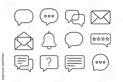 Set of outline icons for digital communication, including speech bubbles, mail, notification, and rating stars