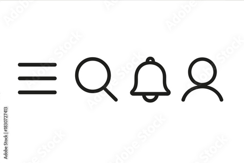 Modern user interface icons set including menu search notification and profile symbols