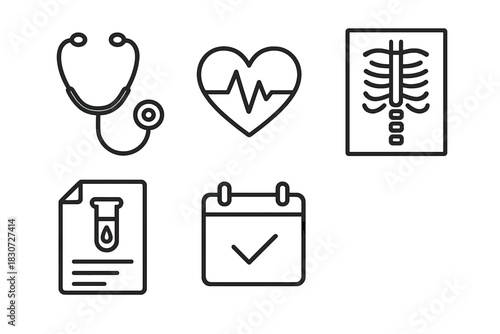 Set of essential medical and healthcare line icons including stethoscope heart ECG and lab test symbols