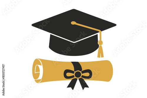 Graduation cap and rolled diploma scroll tied with a ribbon, academic achievement symbol