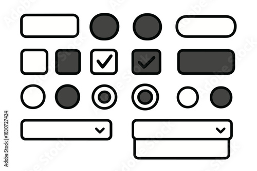 Essential set of user interface elements for web and mobile application design including buttons, inputs, and controls