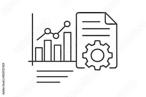 Business data analysis report with bar chart line graph and settings gear icon