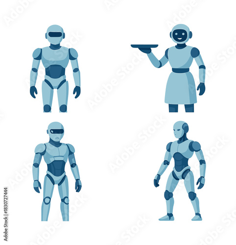 Robots and futuristic technology, flat vector illustration with humanoid cyborgs