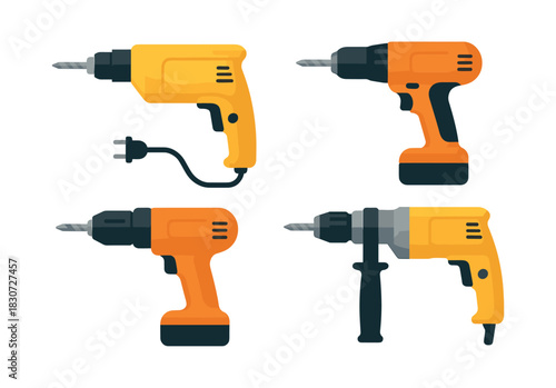 Power drill collection, electric tools, flat vector illustration