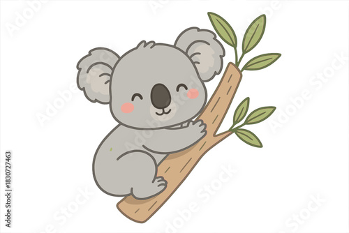 Cute koala animal hugging a eucalyptus tree branch with fresh green leaves