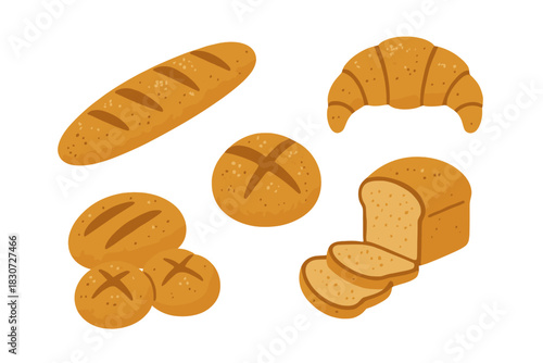 Freshly baked bread products set including baguette, croissant, loaf, and rolls
