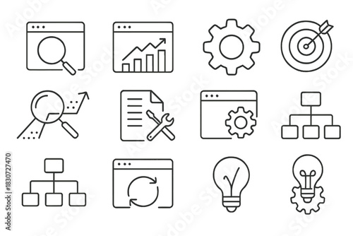 Line Icons for Search Engine Optimization, Business Analysis, and Website Settings