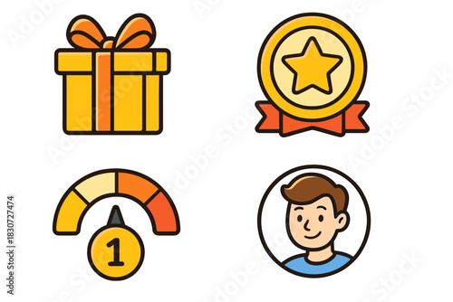 Gift box, star medal, level indicator, and user avatar icons set for digital interface