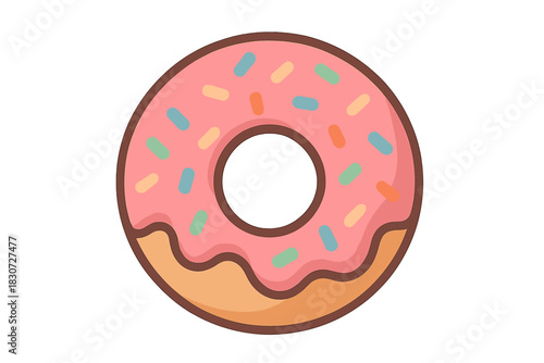 Sweet baked pastry ring with pink sugar glaze and multicolored candy sprinkles