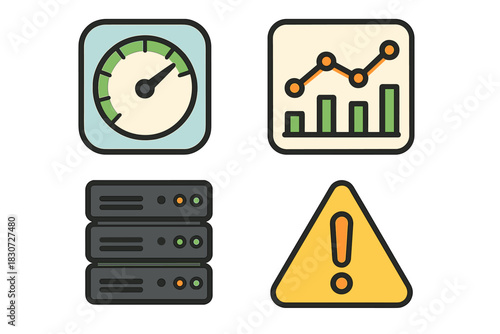 Technology icons including speed meter, data graph, server stack, and system warning sign