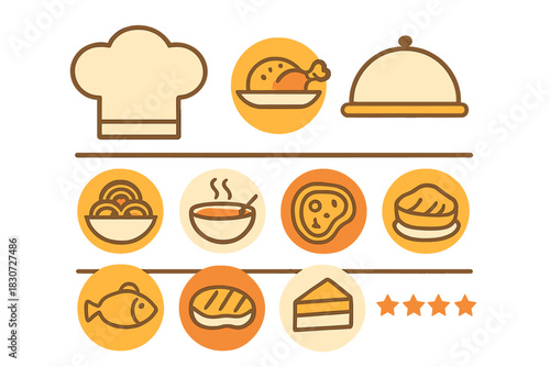 Minimalist restaurant menu icons set with dishes, cooking symbols, and rating stars