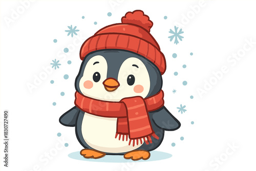 Adorable cartoon penguin wearing red knitted winter hat and scarf with snowflakes