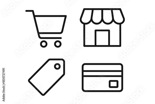 Outline symbols for online shopping, retail business, payment, and sales transactions