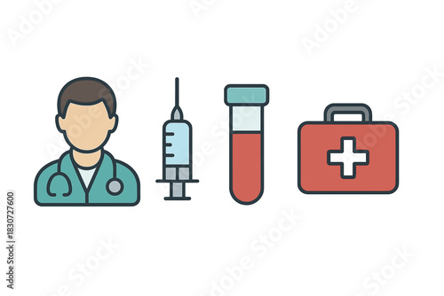 Medical symbols of doctor, syringe, blood sample tube, and first aid kit for healthcare