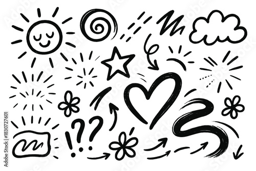 Hand drawn doodle elements set featuring sun heart star arrows and abstract shapes