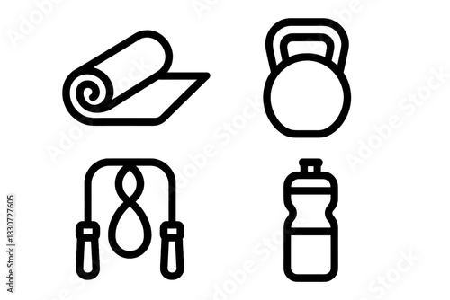 Essential fitness and gym equipment featuring yoga mat, kettlebell, jump rope, and water bottle
