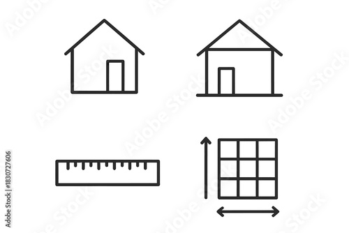 Minimal symbols depicting real estate, house, property, measurement, and scaling concepts