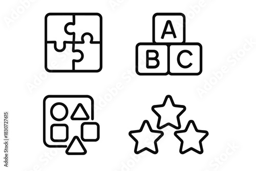Outline icons representing early childhood development, learning games, and educational toys