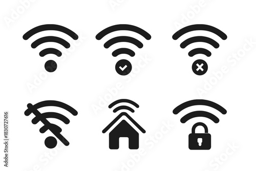 Six different wireless network connection status icons showing signal strength, security, and home access symbols