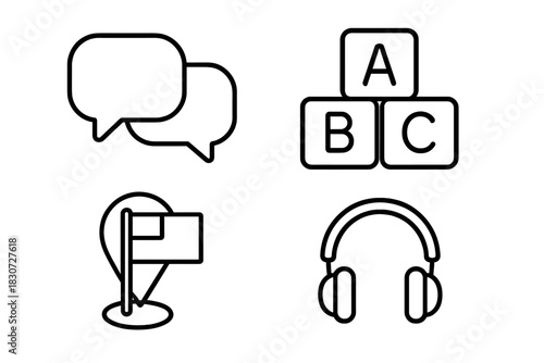 Outline icons representing language learning, communication, translation, and audio courses