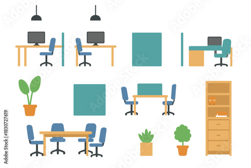 Collection of modern furniture and workspace elements including desks, chairs, tables, and plants