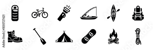 Set of black glyph icons for outdoor activities and camping, including a tent, campfire, backpack, kayak, bicycle, and snowboard, representing adventure travel and recreation