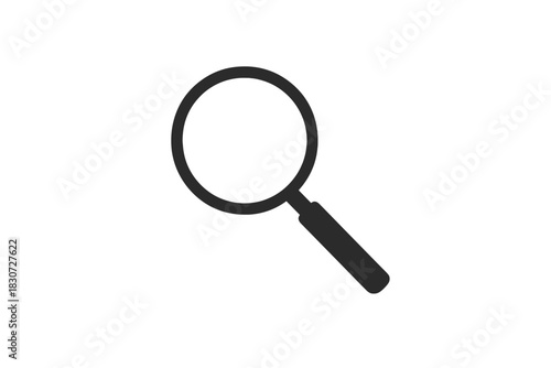 Minimalist black magnifying glass symbol for search and discovery on white background
