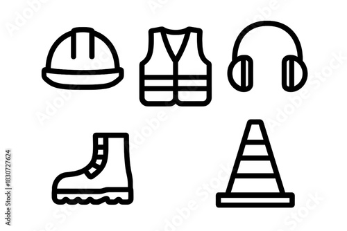Outline icons of essential personal protective equipment and construction safety gear