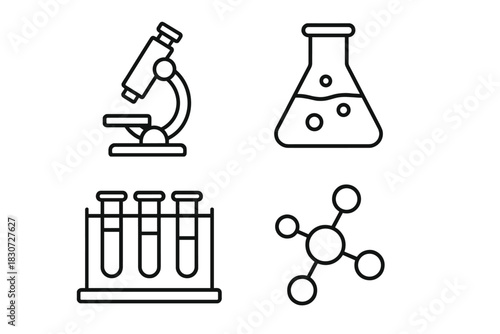 Essential laboratory equipment featuring a microscope, conical flask, test tubes, and molecular structure