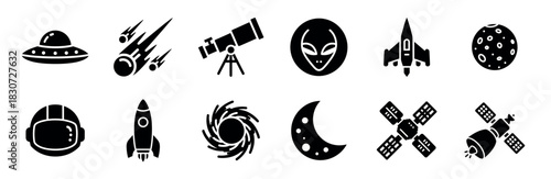 Set of black space-themed glyph icons featuring a UFO, alien, astronaut, rocket, planet, satellite, telescope, and galaxy for science and astronomy concepts