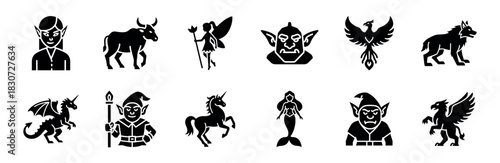 Collection of black fantasy character icons including a dragon, unicorn, elf, fairy, goblin, phoenix, griffin, and mermaid presented in a minimalist glyph silhouette style
