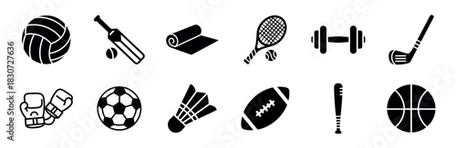 Set of black sports equipment icons including volleyball, cricket, tennis, golf, boxing, soccer, and basketball for various athletic activities and fitness