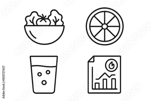Minimalist line icons for healthy eating, fresh fruit, hydration, and performance data