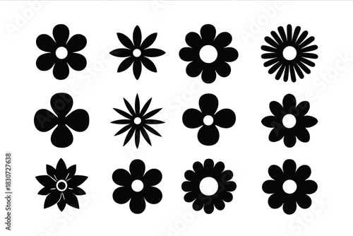Set of twelve simple black floral shapes and stylized flower icons for graphic design elements